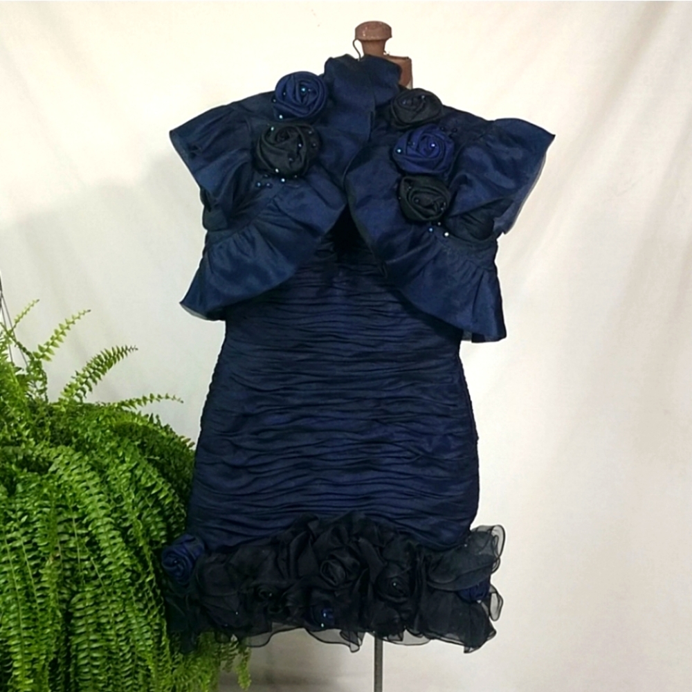 JOVANI *Vintage* Ruffles & Ruching Sequins Black Blue 3D Flowers Cocktail Dress